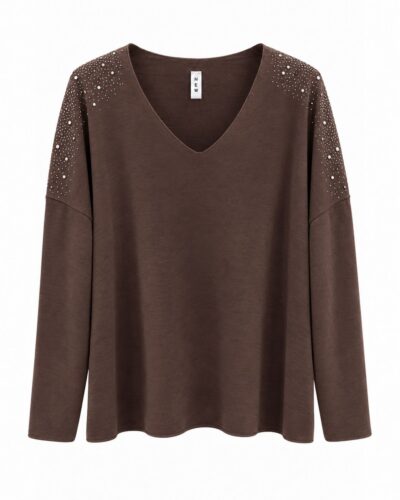 Jersey Strass chocolate de mujer con escote pico y aplicaciones brillantes en hombros