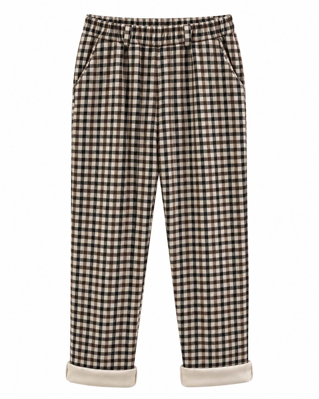 Jogger cuadros beige con estampado de cuadros, cintura elástica y bajo vuelto