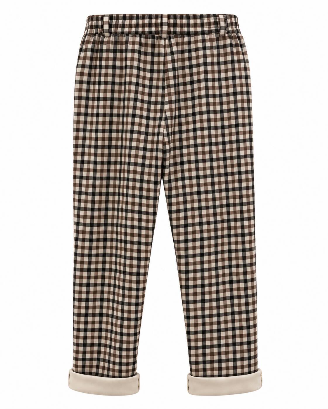 Jogger cuadros beige vista de espalda con cintura elástica y estampado de cuadros