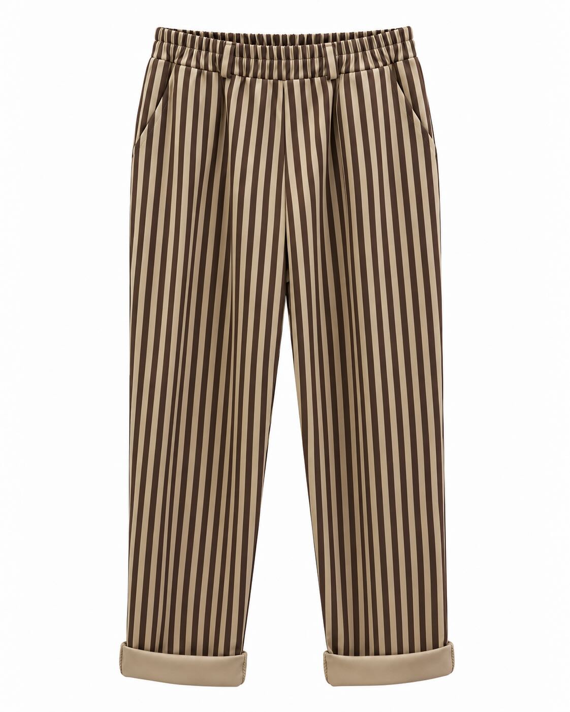 Jogger rayas beige vista delantera con cintura elástica, bolsillos laterales y pernera recta