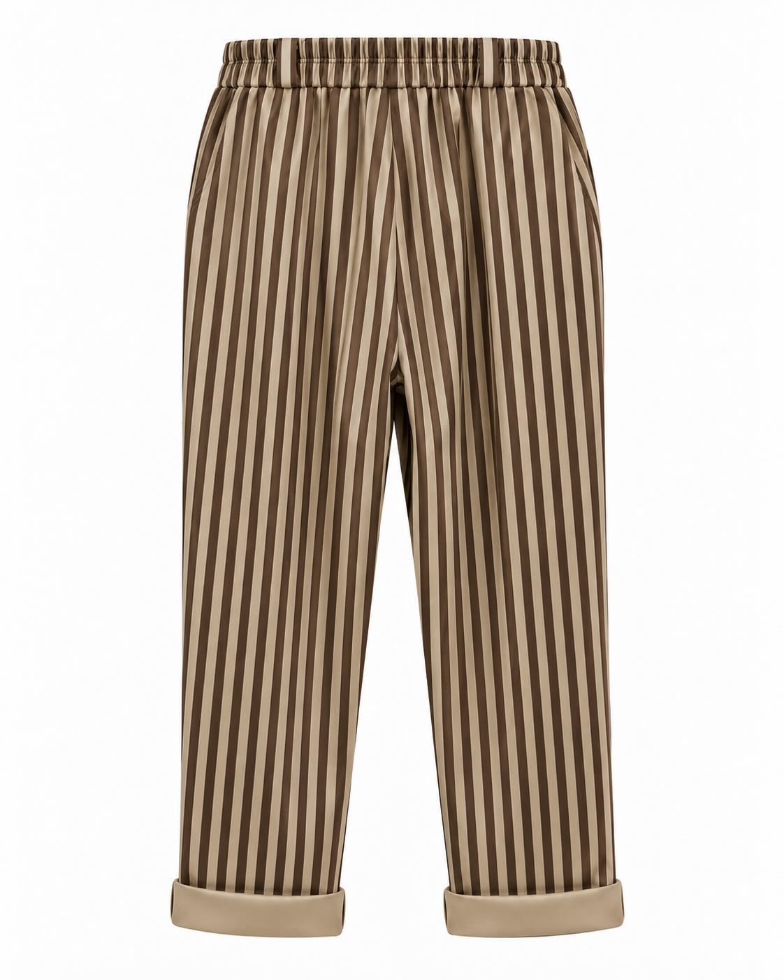 Jogger rayas beige vista de espalda con cintura elástica y estampado de rayas verticales