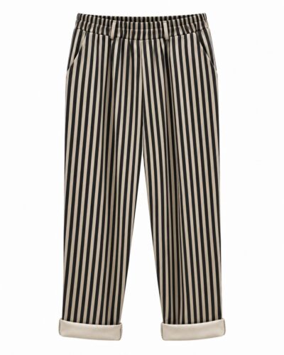 Jogger rayas off white con estampado vertical negro y cintura elástica