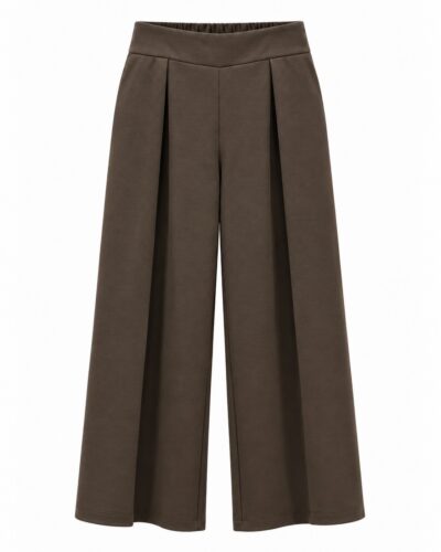Pantalón Soft chocolate de pernera ancha con cintura lisa y pliegues delanteros