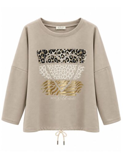 Sudadera Corazón Safari beige de neopreno con corazón de strass y estampados animal print