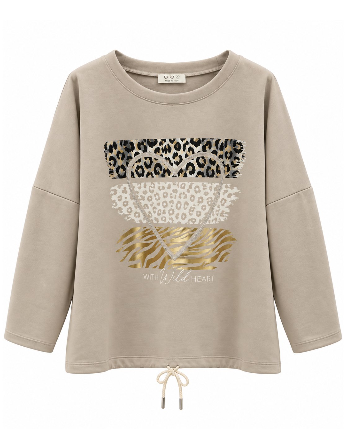 Sudadera Corazón Safari beige de neopreno con corazón de strass y estampados animal print