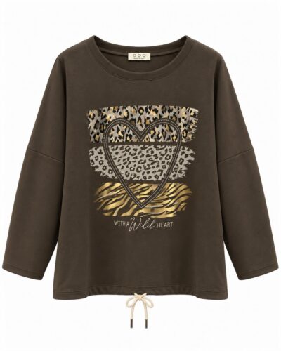 Sudadera Corazón Safari chocolate de neopreno con corazón brillante y estampado animal print