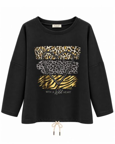 Sudadera Corazón Safari negra de neopreno con corazón, animal print y detalles dorados