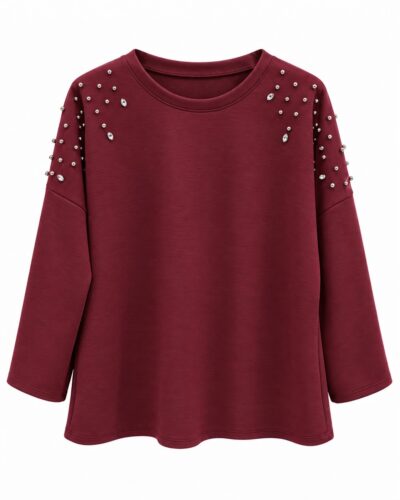 Sudadera Destellos burdeos de neopreno con aplicaciones brillantes en hombros y mangas