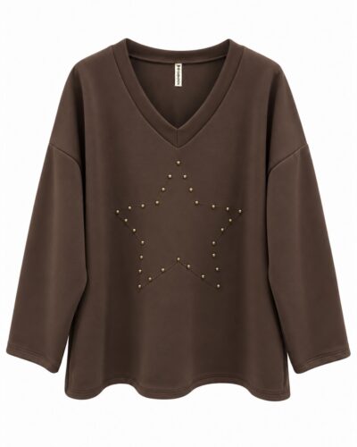Sudadera estrella chocolate mujer de neopreno con tachuelas doradas y escote de pico