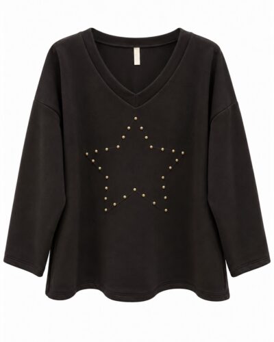 Sudadera estrella negra mujer de neopreno con escote de pico y estrella de tachuelas doradas