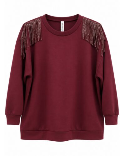 Sudadera Glam burdeos con strass y flecos brillantes en los hombros, vista delantera