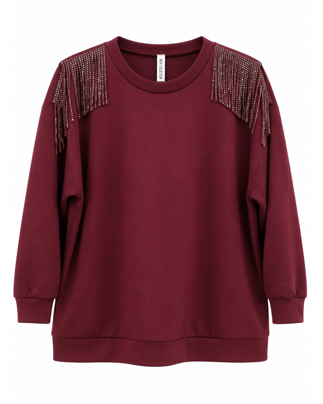 Sudadera Glam burdeos con strass y flecos brillantes en los hombros, vista delantera