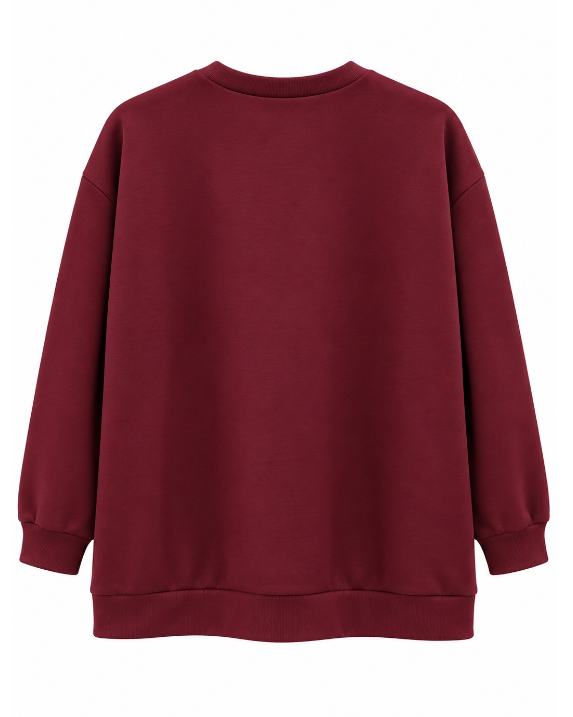 Sudadera Glam burdeos vista de espalda con corte amplio, manga larga y bajo asimétrico