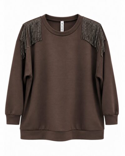 Sudadera Glam chocolate con flecos de strass brillantes en los hombros, vista delantera