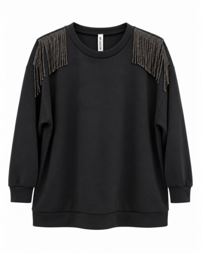Sudadera Glam negra con flecos de strass brillantes en los hombros, vista delantera