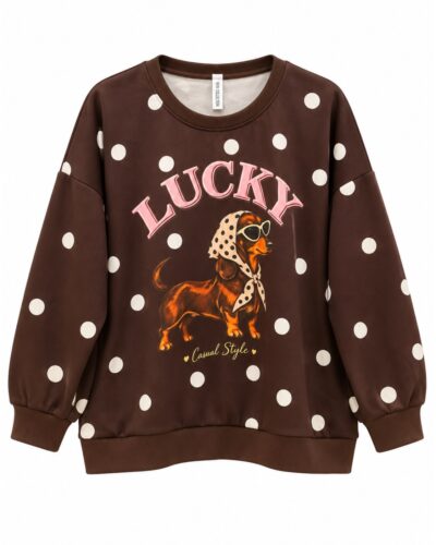 Sudadera Lucky Dog chocolate con lunares beige, estampado frontal y manga larga