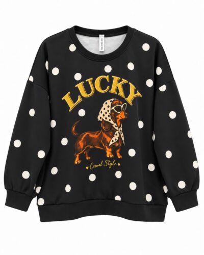 Sudadera Lucky Dog negra con lunares beige, estampado frontal y manga larga