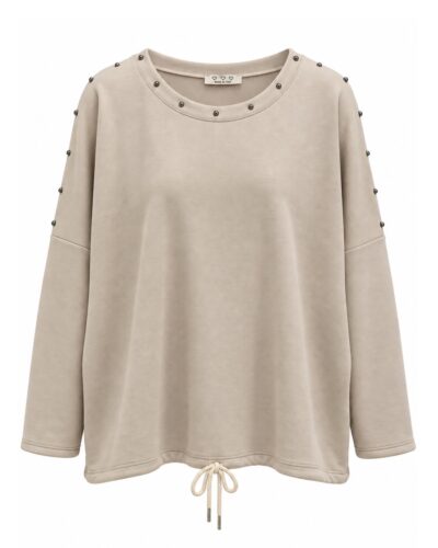 Sudadera Rebel beige de neopreno con tachuelas metálicas y cordón ajustable en el bajo