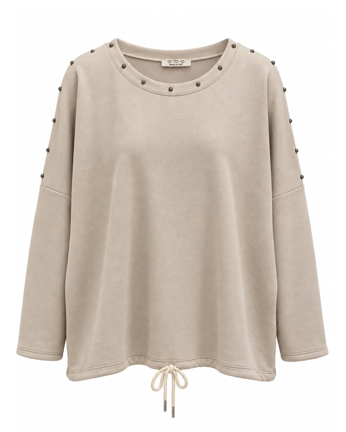 Sudadera Rebel beige de neopreno con tachuelas metálicas y cordón ajustable en el bajo