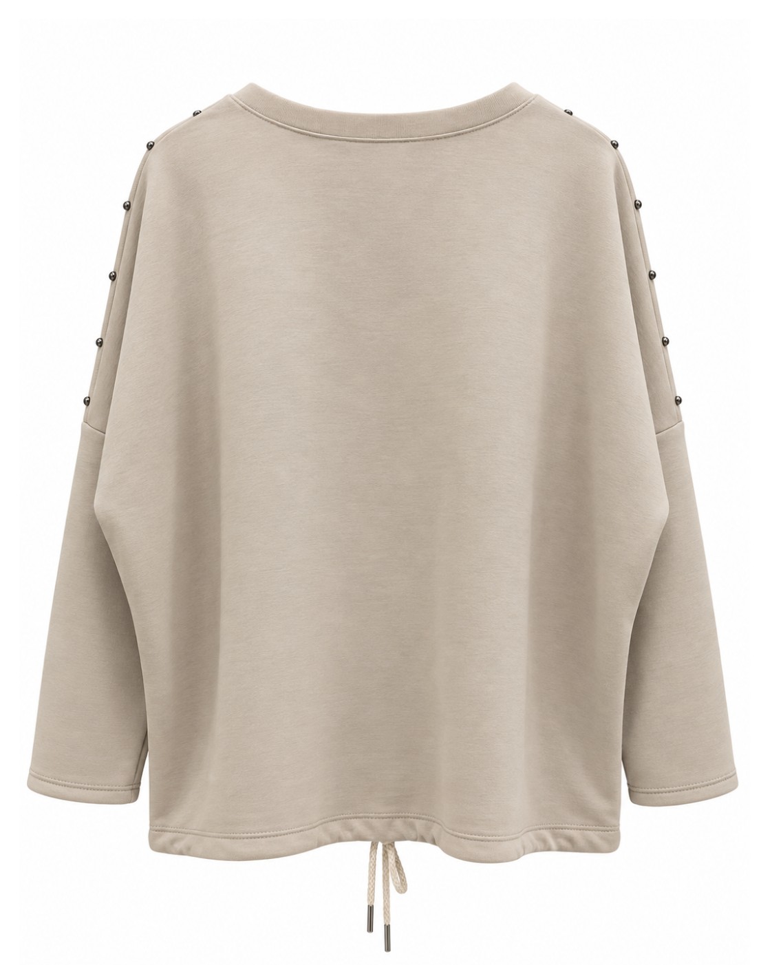 Sudadera Rebel beige de neopreno vista de espalda con corte amplio y bajo ajustable