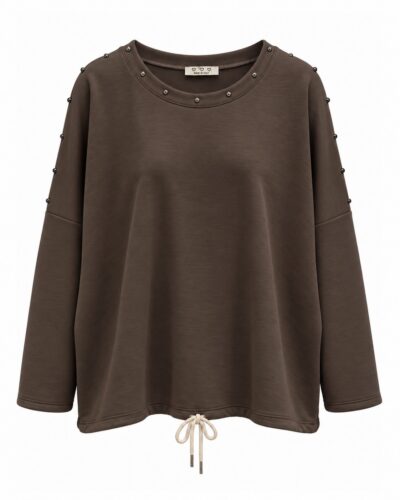 Sudadera Rebel chocolate neopreno con tachuelas metálicas y cordón regulable en el bajo