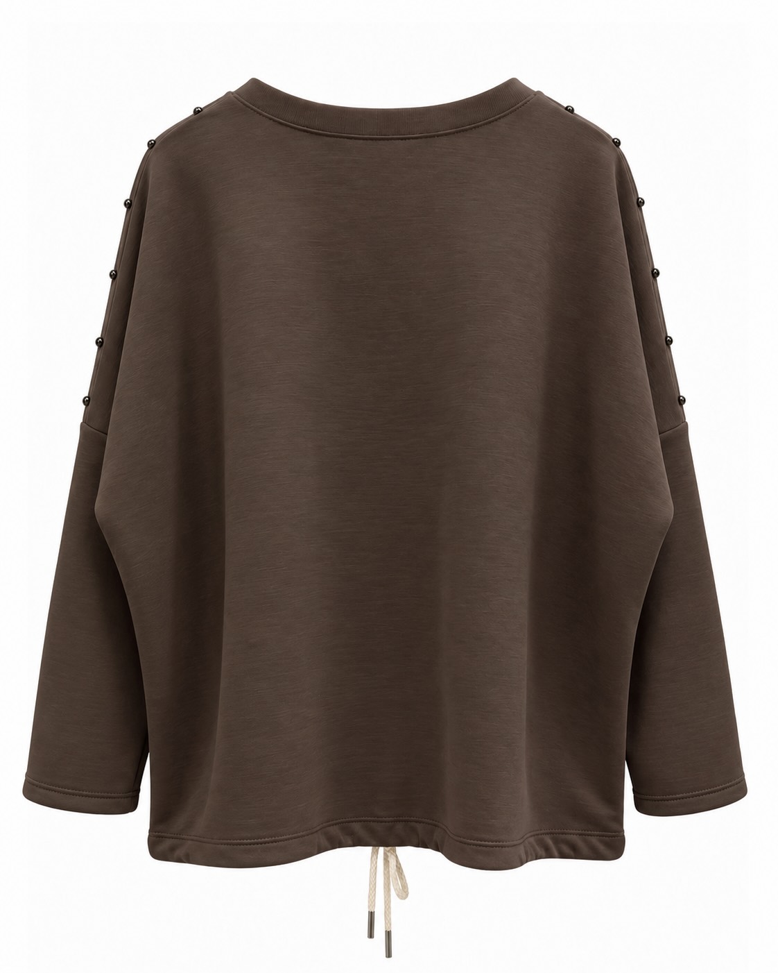 Sudadera Rebel chocolate neopreno vista de espalda con corte amplio y bajo ajustable