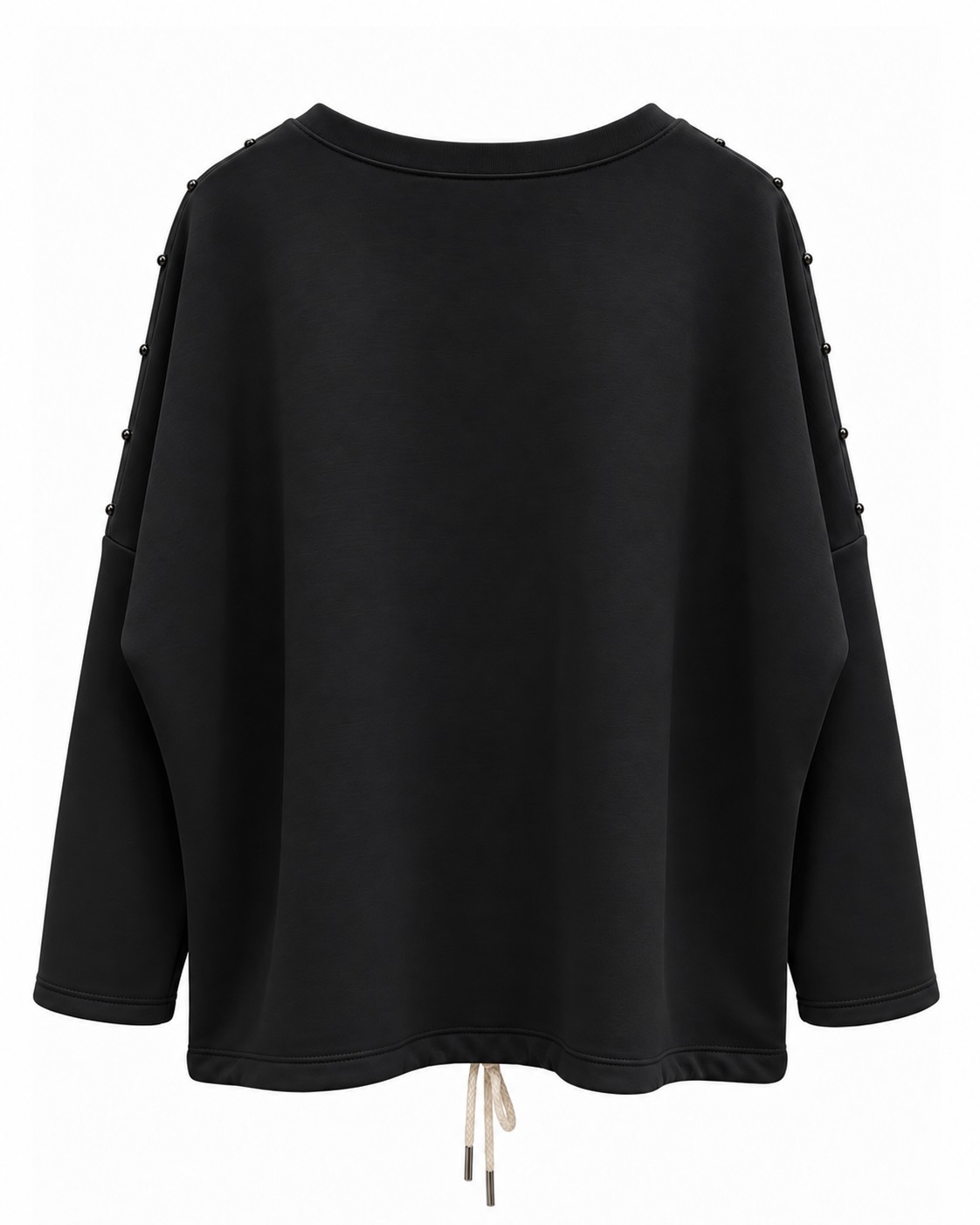 Sudadera Rebel negra vista de espalda con corte amplio y cordón regulable en el bajo