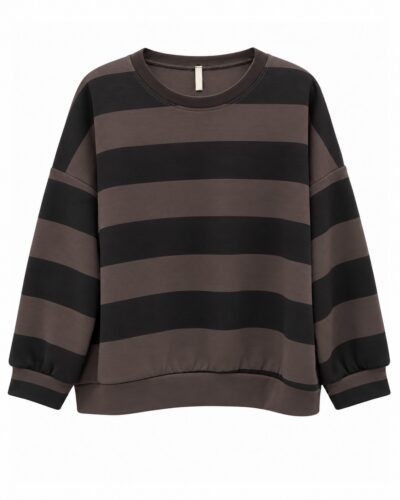 SSudadera Retro rayas negra con franjas en negro y marrón, cuello redondo y manga larga