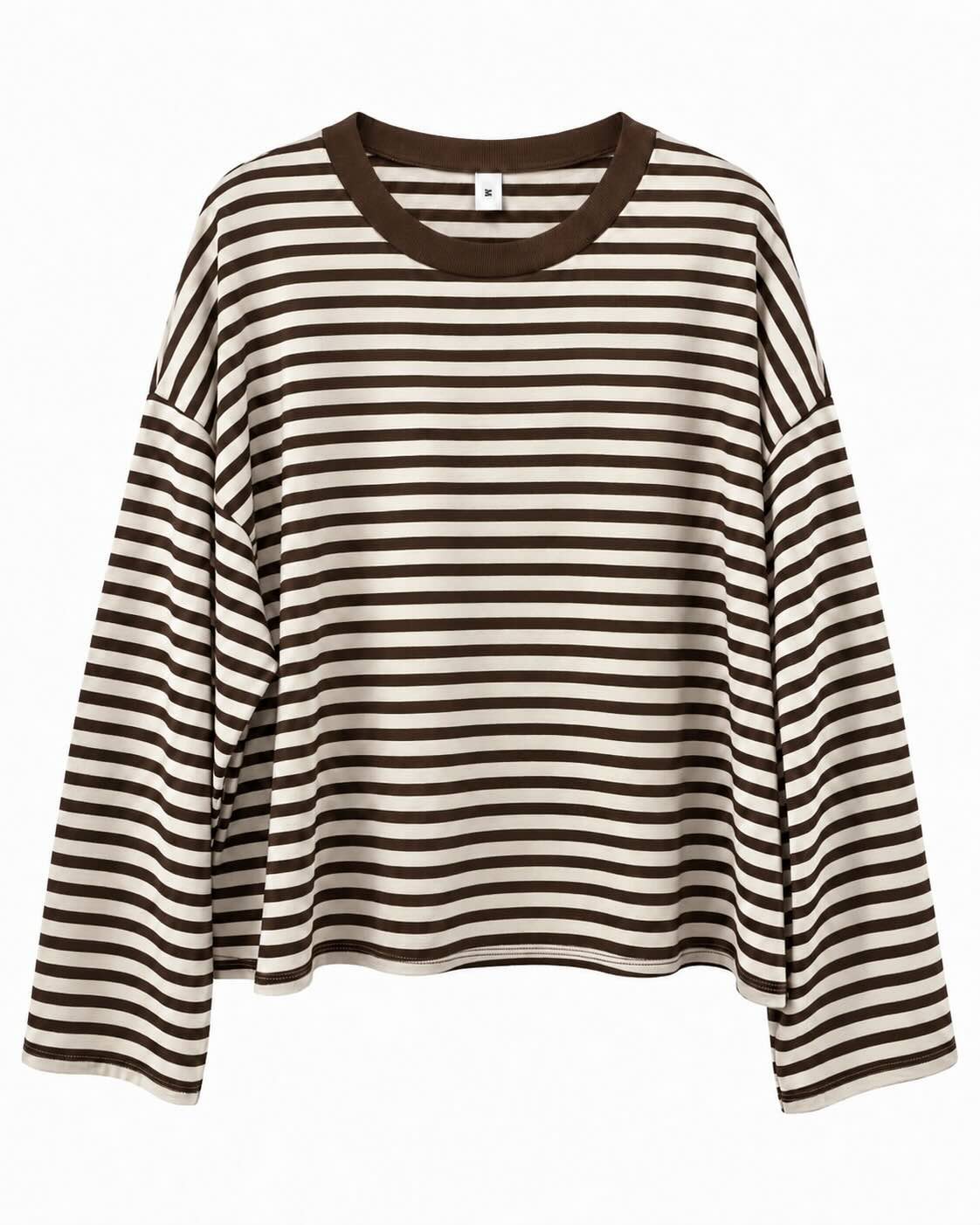 Sudadera Riviera marrón beige de rayas horizontales con cuello redondo y corte amplio