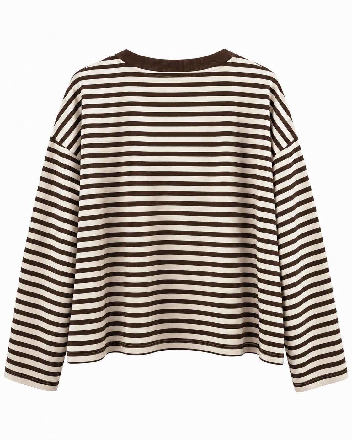 Sudadera Riviera marrón beige vista de espalda con rayas y hombros caídos