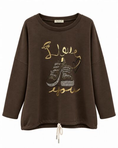 Sudadera Zapatillas chocolate con estampado frontal dorado, strass y cordón ajustable en el bajo