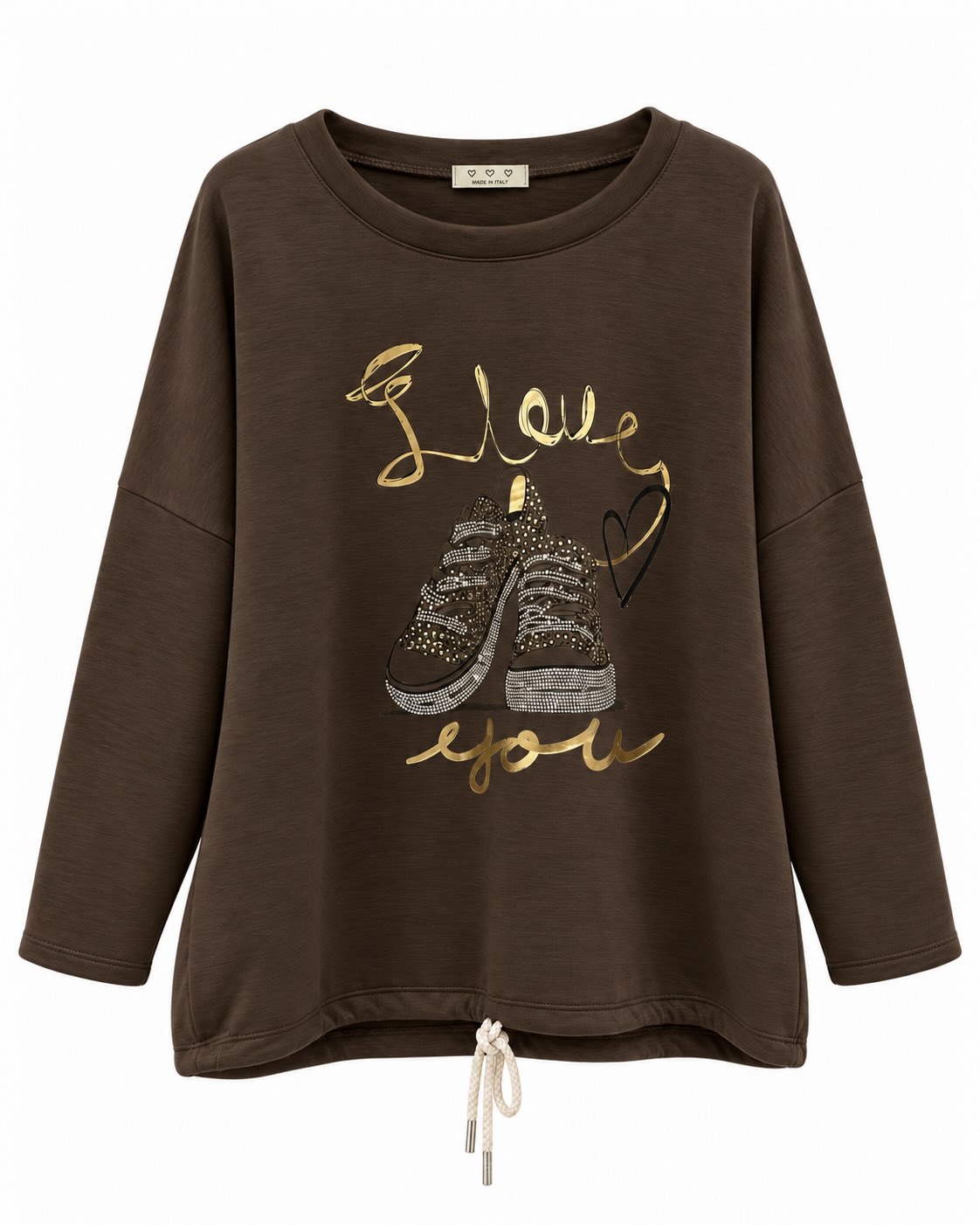 Sudadera Zapatillas chocolate con estampado frontal dorado, strass y cordón ajustable en el bajo