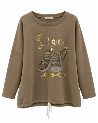Sudadera Zapatillas moka con estampado frontal dorado, strass y cordón ajustable en el bajo