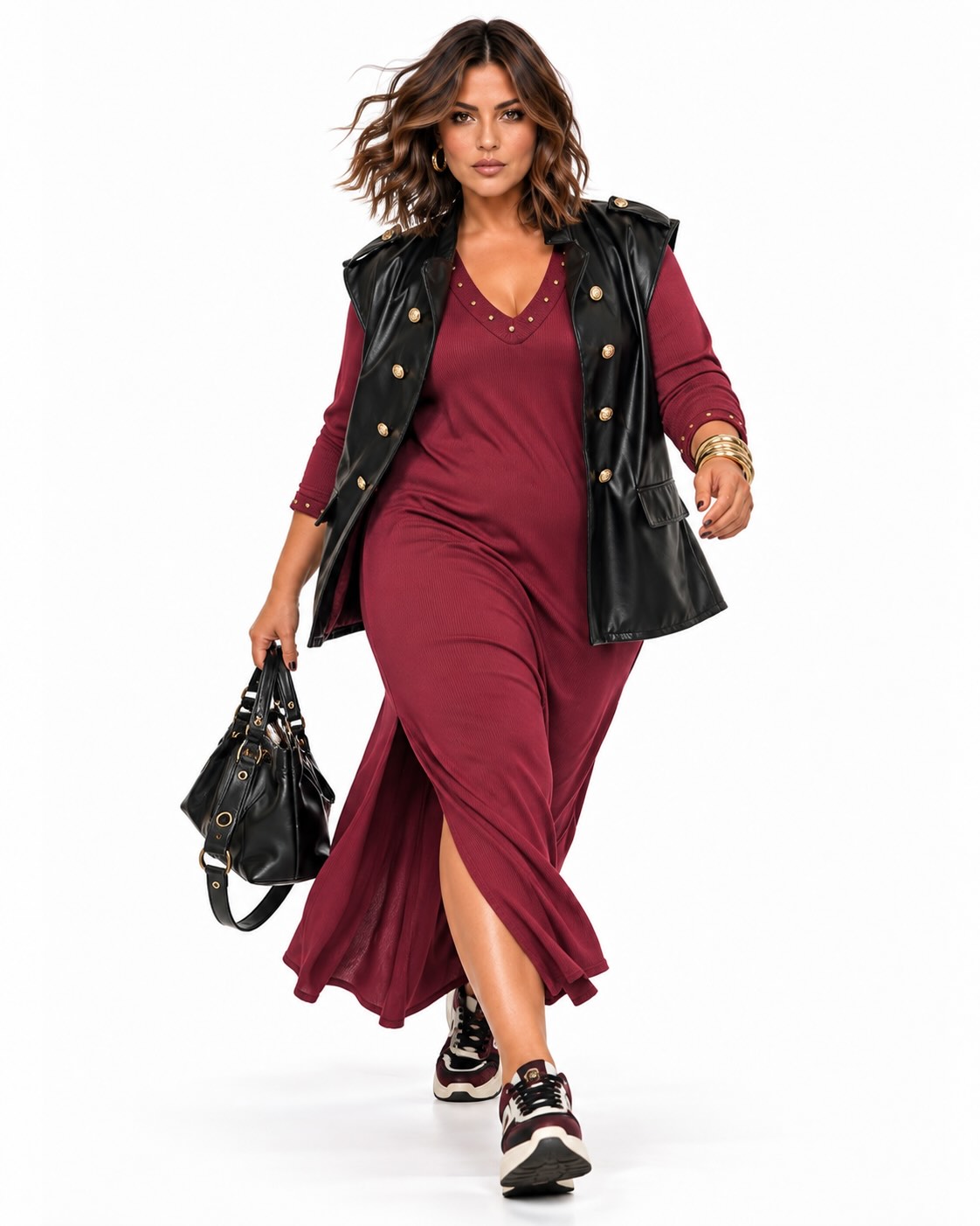look completo Vestido tachas burdeos con escote en V, bolsillos y aberturas laterales